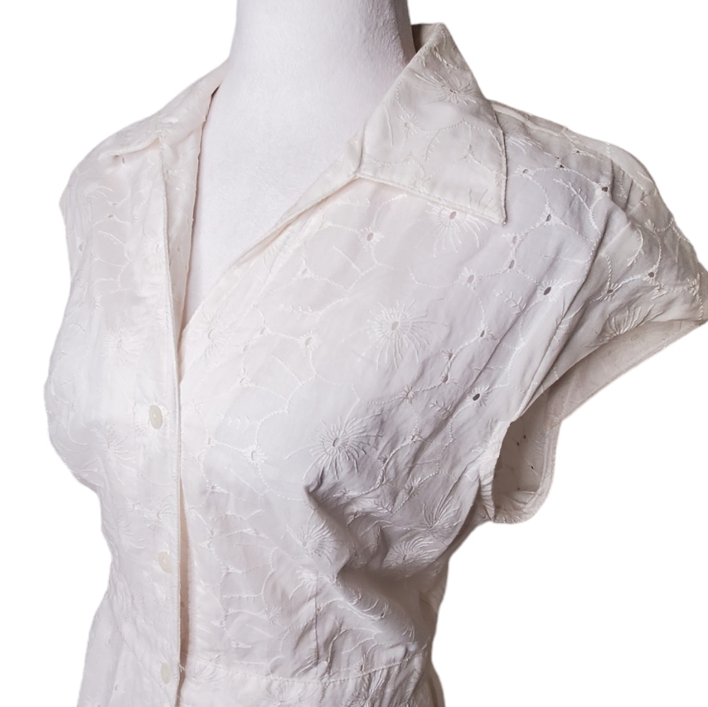 Vintage Y2k Shirt Dress, White Eyelet Lace Cap Sleeves Midi Sz 14P Cottagecore - Picture 4 of 12
